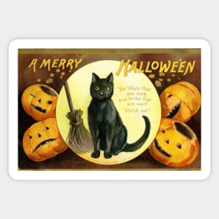 Victorian Halloween Black Cat with Pumpkins Greetings Sticker